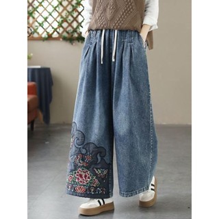 復古刺繡牛仔闊腿褲女春秋 新款松緊腰繫帶牛仔褲女百搭長褲 國風 復古 休閒褲 大尺碼長褲 褲子 寬褲 直筒褲