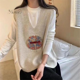 V領刺繡國風無袖開衫馬甲春秋新款針織衫坎肩背心 新中式 馬甲背心 中國風 背心 上衣 民族風馬甲 中式復古背心