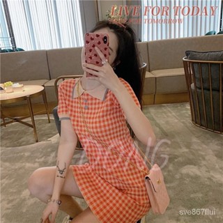 法式複古橘色裙子POIO領格子高腰修身夏季短袖針織小個子連衣裙女