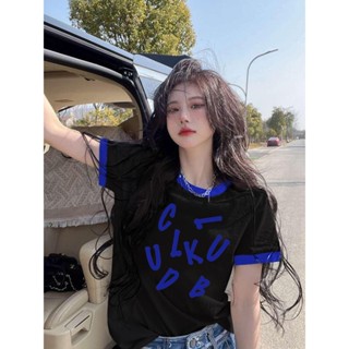 [Jaylee]黑色短袖 純棉t恤 撞色短袖T恤女 夏裝新款 正肩寬鬆T恤 圓領印花上衣ins短袖女 韓版上衣 t恤女