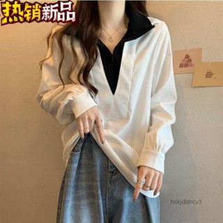 🔥藍天商場🔥假兩件長袖襯衫女2023年新款大尺碼胖mm設計感寬鬆顯瘦上衣潮300斤