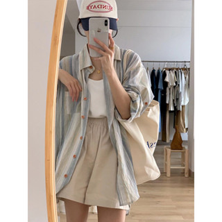 溫馨✨早秋條紋款長袖襯衫女防曬外套夏季設計感小眾襯衫外搭復古薄款上衣