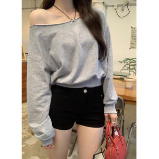 溫馨✨回饋特賣/一字領斜肩露肩圓領寬鬆長袖大學T女秋季新款短上衣 長袖短版上衣 大學T