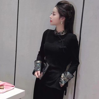 中國風上衣女 新中式國風盤扣立領德絨保暖長袖女2024秋冬季新款高階感黑色上衣 新中式上衣 長袖打底衫女 春秋國風保暖長