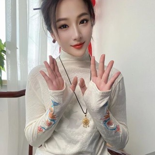 中國風上衣女 春季新款休閑打底衫女士百搭顯瘦T恤中年媽媽裝春秋中式國風上衣 民族風上衣 文藝復古長袖打底衫長袖保暖上衣