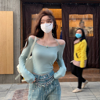 甜心公主Meet 👗女裝館一字肩掛脖露肩T恤女長袖設計感小眾別致性感緊身洋氣短款上衣夏