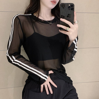 甜心公主Meet 👗女裝館純欲性感網紗拼接條紋微透防曬罩衫夏季辣妹修身顯瘦上衣t恤女ins