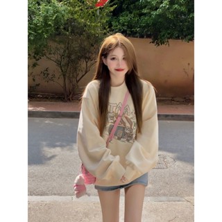 LW湯圓女裝-杏色正肩圓領加絨衛衣女秋冬款高級感超好看長袖上衣dxt