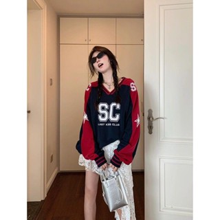 秋季穿搭🍂美式復古⚽️美式複古拚色球衣v領長袖寬鬆衛衣女春秋2024新款設計感小眾上衣