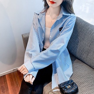 SY法式愛心條紋襯衫開衫外套女春秋寬鬆設計感小眾大碼休閒藍色長袖襯衫長袖上衣翻領上衣