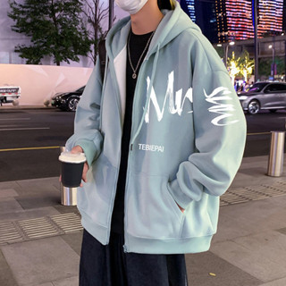 Meet.You.百搭拉鏈開衫字母加絨連帽開衫衛衣寬鬆秋天ins學生帥氣休閒上衣
