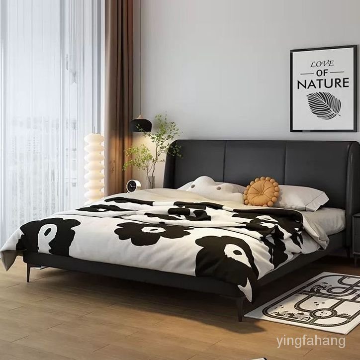 北歐極簡黑色皮藝床現代簡約小戶型實木單人床北歐網紅軟包輕奢床 床架 輕奢床 床 雙人床 大床 6尺床 儲物床 RPA3