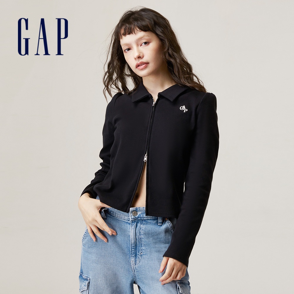 Gap 女裝 Logo翻領長袖T恤-黑色(755887)