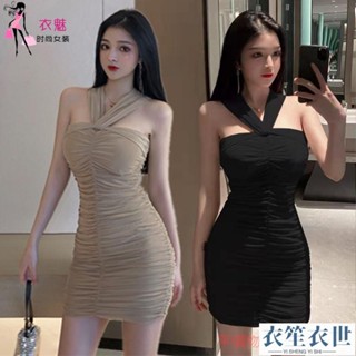 正韓新款一字肩修身包臀夜店掛脖網紗性感顯瘦緊身連衣裙夜場小黑裙夏洋裝禮服連身裙[衣笙衣世]