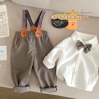 MOMOKO 男童婚禮禮服 男童套裝ins春裝英倫風嬰兒寶寶週嵗紳士禮服休閒背帶褲+領結襯衫