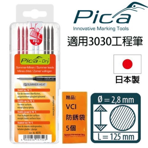 【Pica】 細長工程筆 筆芯8入-黑紅白 耐70°C(吊卡) 4070/SB 2.8mm筆芯 已削尖