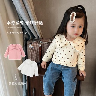 MOMOKO 韓版 長袖上衣 女童波點打底衫蝴蝶結寶寶可愛長袖T恤春秋新款洋氣上衣卡哇