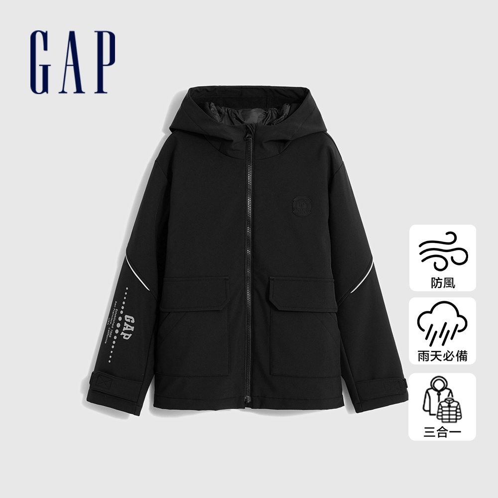 Gap 男童裝 Logo防風防雨三合一連帽羽絨外套-黑色(720940)
