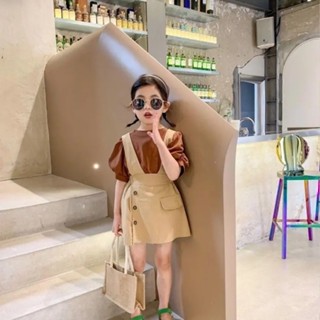 【Arbea】女童休閒套裝夏裝女泡泡袖T卹背帶裙兩件套裝吊帶裙加上衣【C48】