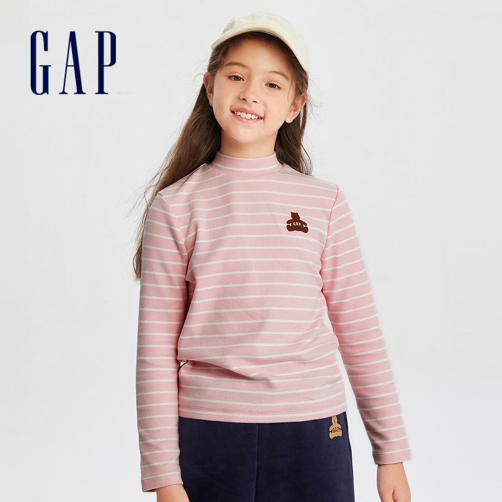 Gap 女童裝 Logo小熊印花立領長袖T恤-粉色條紋(810800)
