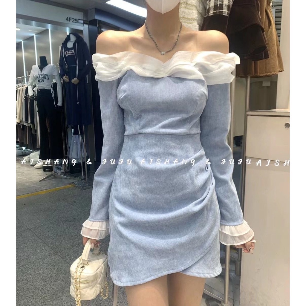 日系韓版洋裝春秋新款法式設計感性感一字肩修身收腰不規則小禮服洋氣連衣裙女