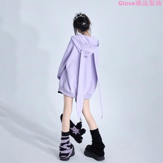 🌷臺灣出貨🌷秋季新款國潮美式復古辣妹紫色可愛兔耳連帽衛衣開衫拉鏈外套上衣 秋裝 打底衫 外套女 長袖 上衣女 百搭 寬鬆