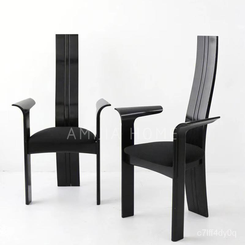 【免運 】中古Vintage實木椅子 傢具設計師牛皮黑色高背餐椅 複古扶手椅網紅