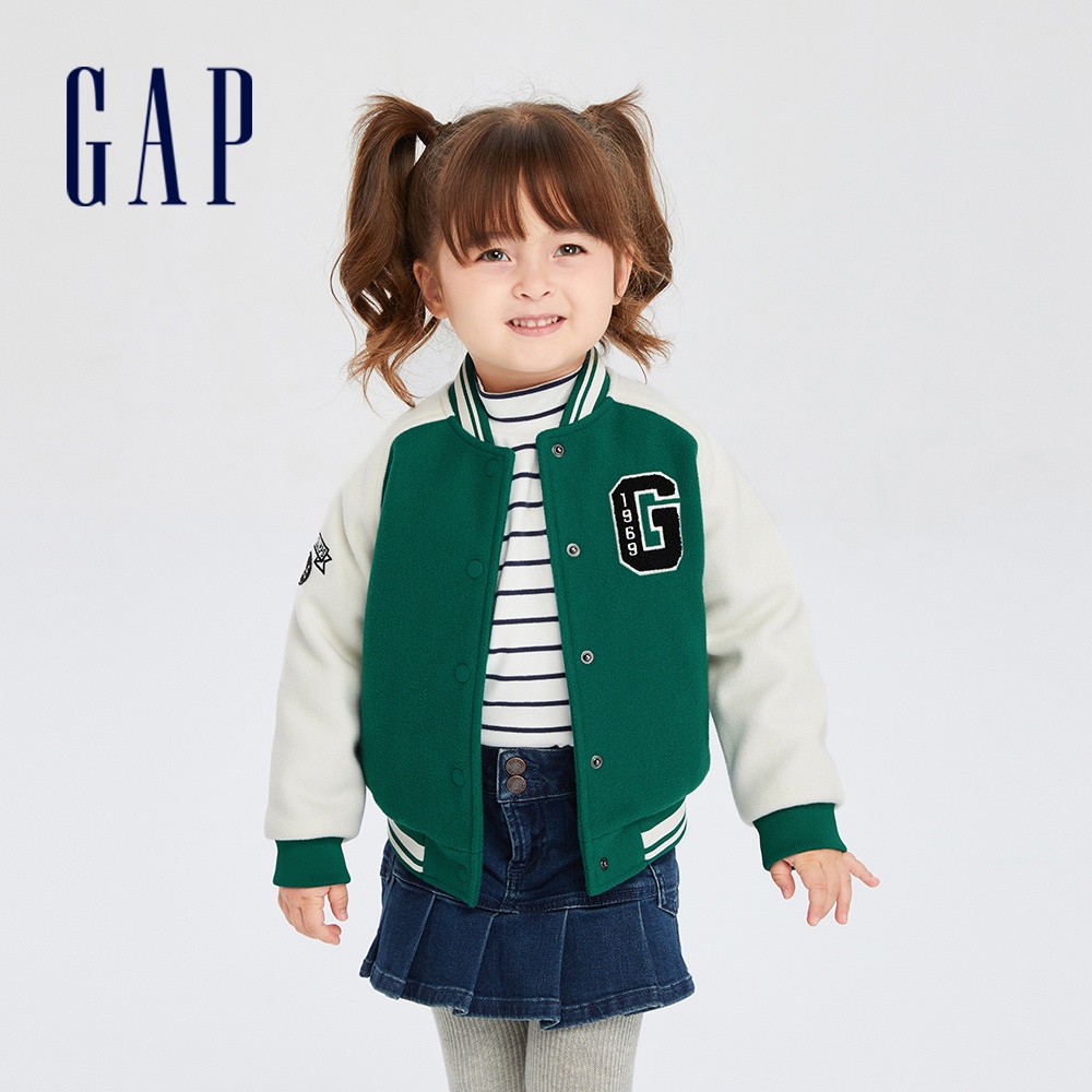 Gap 女幼童裝 Logo印花圓領棒球外套-白綠拼接(789204)