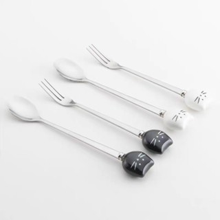 【臺灣發貨】貓咪造型陶瓷柄餐具 瓷柄湯匙 呆萌貓咪 不鏽鋼湯匙叉子 咖啡匙 水果叉 小湯匙 陶瓷柄 不鏽鋼餐具