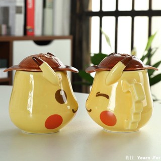卡通寶可夢陶瓷杯 情侶陶瓷杯 皮卡丘馬克杯 帶蓋勺 可愛陶瓷水杯 女生網紅款 可愛卡通杯 茶杯 咖啡杯 帶蓋陶瓷杯