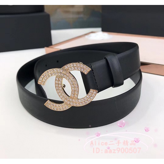 二手正品 CHANEL 香奈兒 水鑽CC釦 黑色牛皮女生腰帶 皮帶 2.8CM 現貨免運