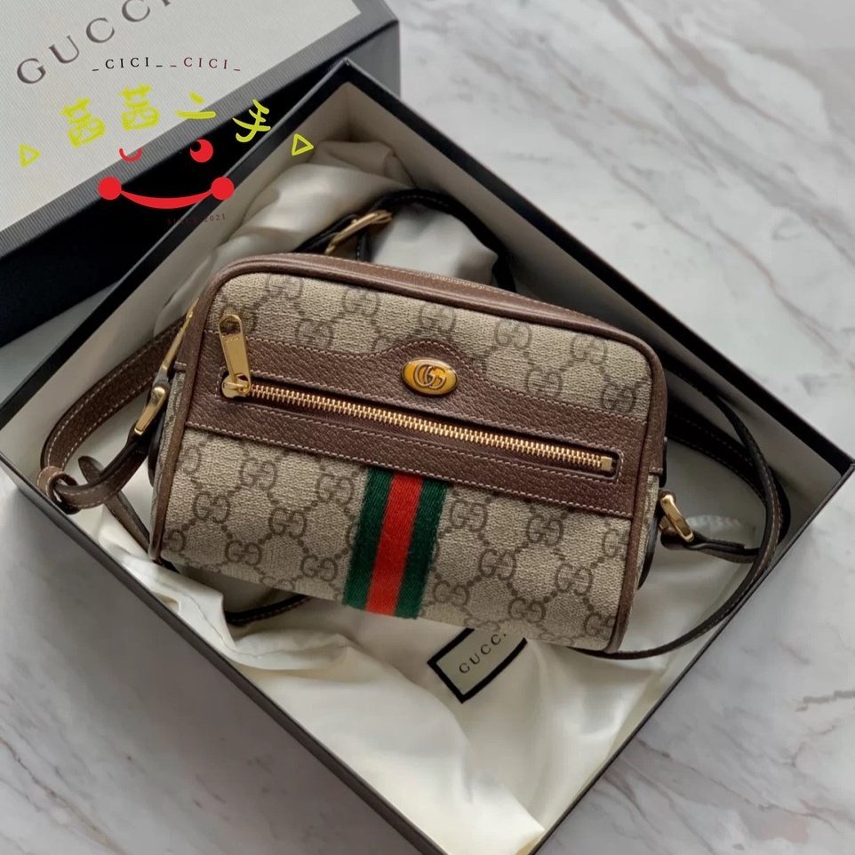 二手正品GUCCI 古馳 男女通用 Ophidia 紅綠織帶 Mini迷你相機包/郵差包/單肩包/斜挎包517350