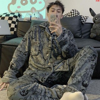 新款❤睡衣男士秋冬季加厚加絨珊瑚絨卡通大碼新款法蘭絨家居服 大尺碼男睡衣 珊瑚絨睡衣 男生居家服 睡衣組 保暖睡