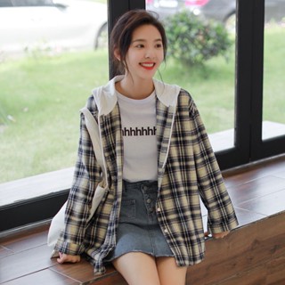 【Wik】長袖 襯衫 衣服女 上衣 女襯衫 薄 外套 連帽格子襯衫外套女春新款學院風寬鬆百搭長袖襯衣小清新上衣