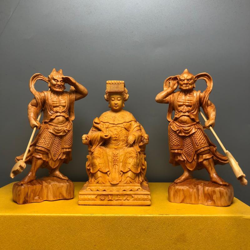 崖柏黃楊木雕 湄洲媽祖海神林默娘神像 居家實木擺件 上聖母工藝品