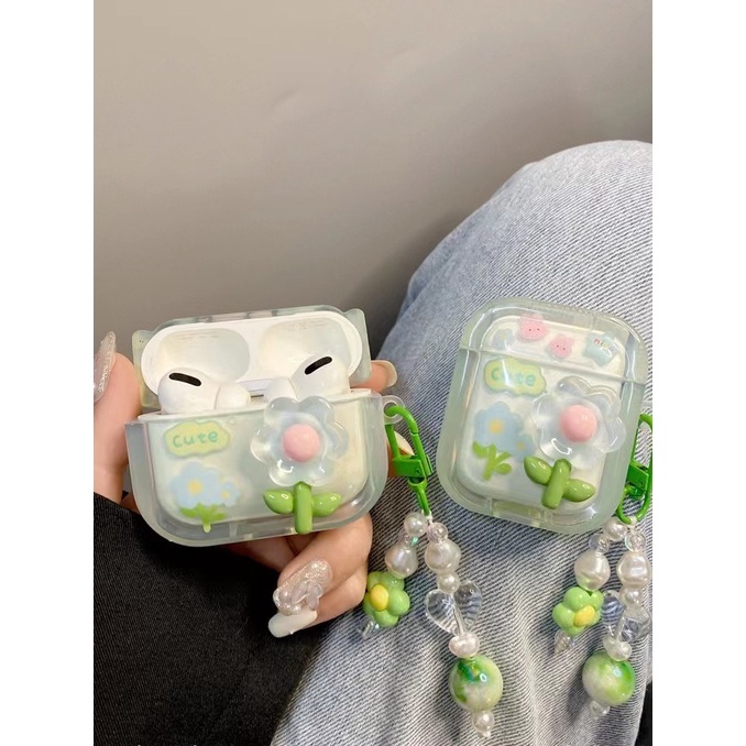 ins小清新綠色花朵airpods pro蘋果保護套airpods2藍牙3代耳機殼