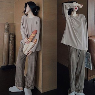 【YW】女生睡衣 睡衣套裝 睡衣女 秋冬季新款長袖睡衣 時尚條紋家居服 高階感 柔軟舒適 兩件式睡衣 休閒套裝女