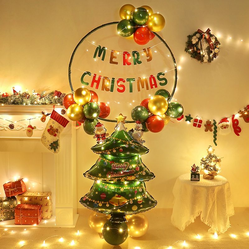 新貨聖誕節佈置氣球立柱 聖誕裝飾帶燈氣球擺件 聖誕老人聖誕樹鋁膜氣球圓環 聖誕派對背景牆裝飾氣球拍照道具背景佈置