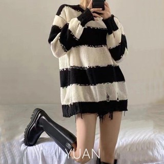 YUAN 針織毛衣女 oversize 條紋毛衣 秋冬上衣 設計感上衣 ins風衣服 長袖上衣 女生冬天衣服 韓版毛衣