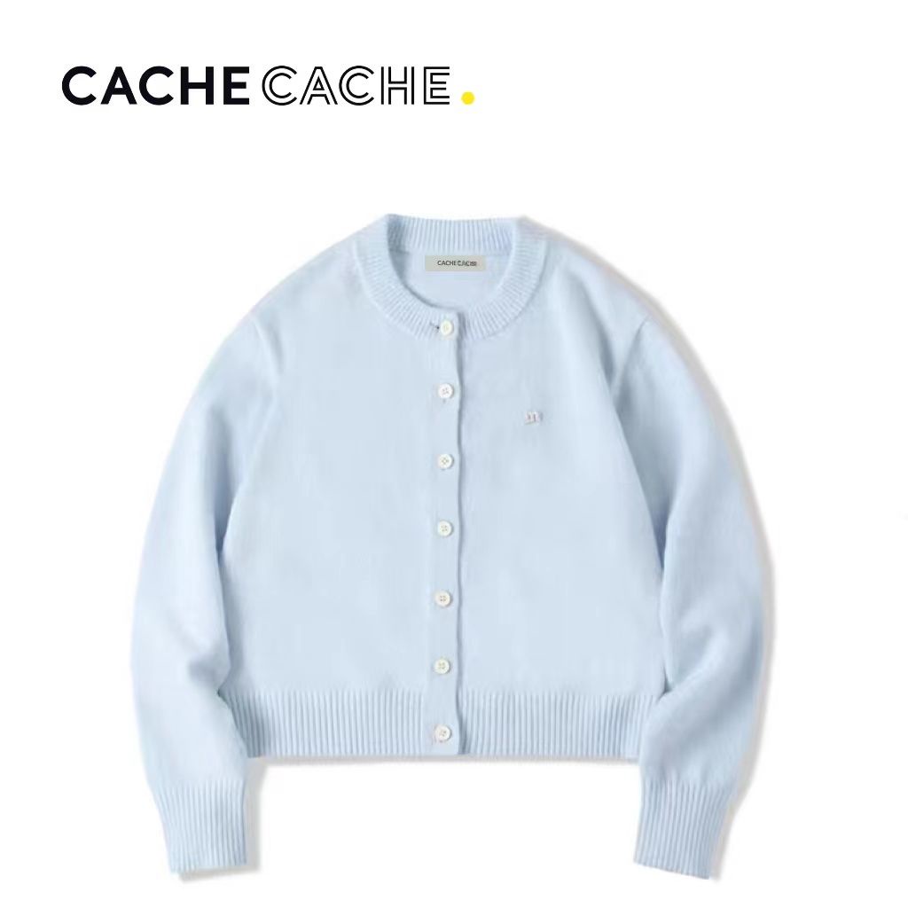 CACHE CACHE軟糯感淺藍色針織毛衣女外套秋季新款簡約時尚短開衫