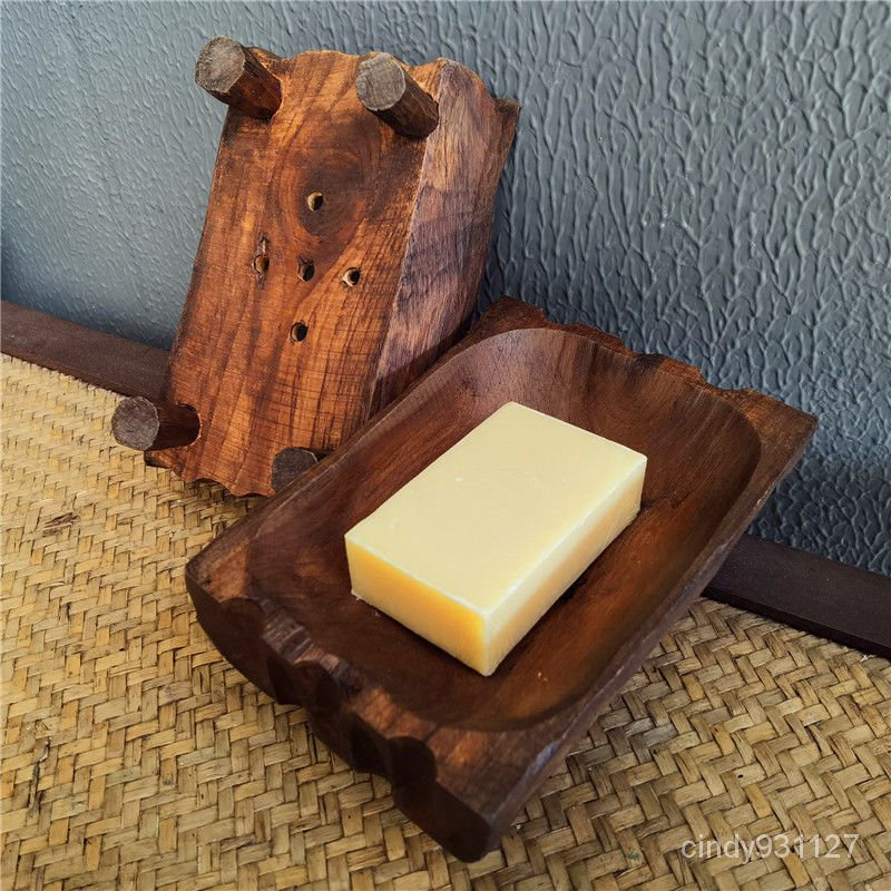 【落日吧】【泰國實木香皂盒】肥皂託果盤收納盒瀝水打孔複古四角