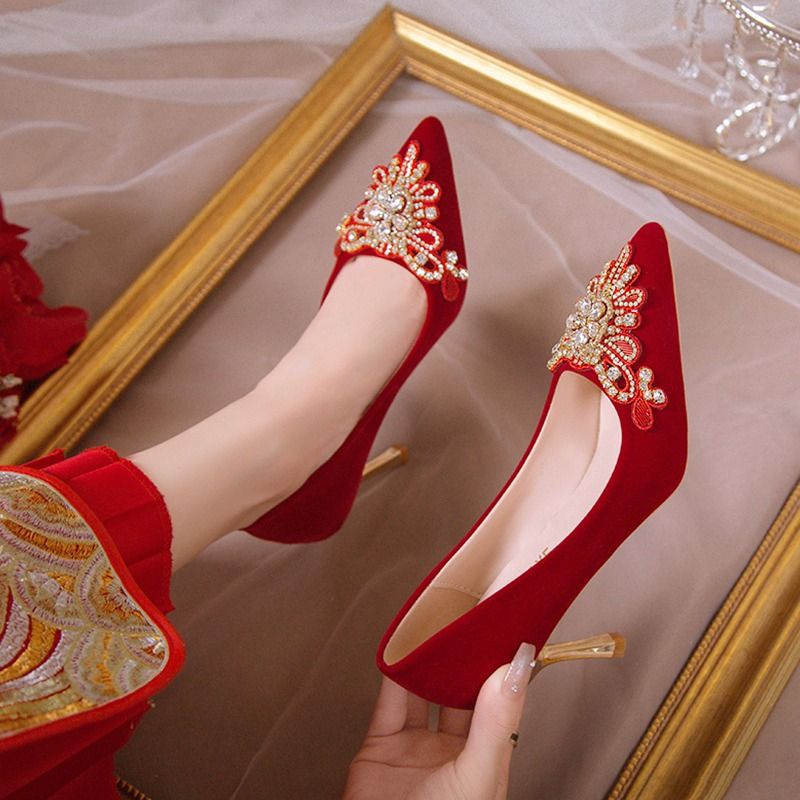 鞋情萬種|紅色結婚鞋秀禾兩穿中式敬酒服訂婚新娘鞋高跟鞋女尖頭婚禮婚宴