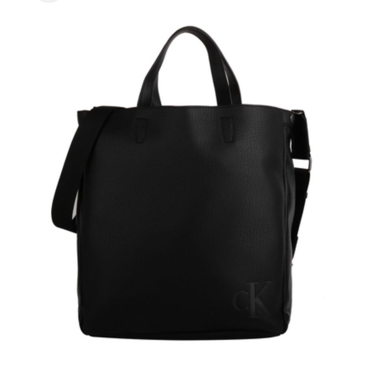 （全新現貨）真品Calvin Klein -簡約風格真皮壓印大CK LOGO 黑色皮革手拿包 肩背包 托特包