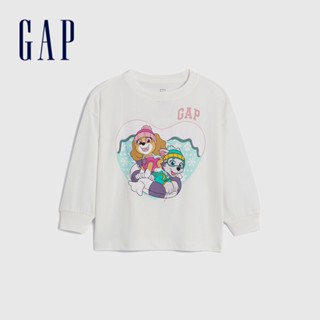 Gap 女幼童裝 Gap x 汪汪隊立大功聯名 Logo純棉印花圓領長袖上衣-白色(847258)