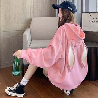 【特價】女生帽T 大學T 長袖帽T 特價特價!ins網紅薄款衛衣女春秋學生韓版寬松慵懶風兔耳朵連帽上衣潮/ 女生上衣