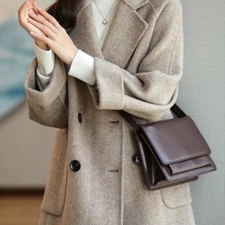 F-store人字紋雙面羊毛毛呢外套女2023秋冬新款小個子雙面羊絨大衣中長款