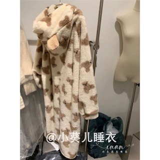 Xuan♥可愛小熊珊瑚絨睡衣女冬季加絨加厚保暖連帽法蘭絨網紅秋冬款睡袍
