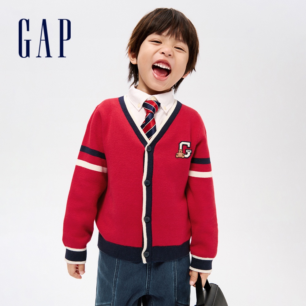 Gap 男幼童裝 Logo小熊刺繡V領針織外套-紅色(841237)