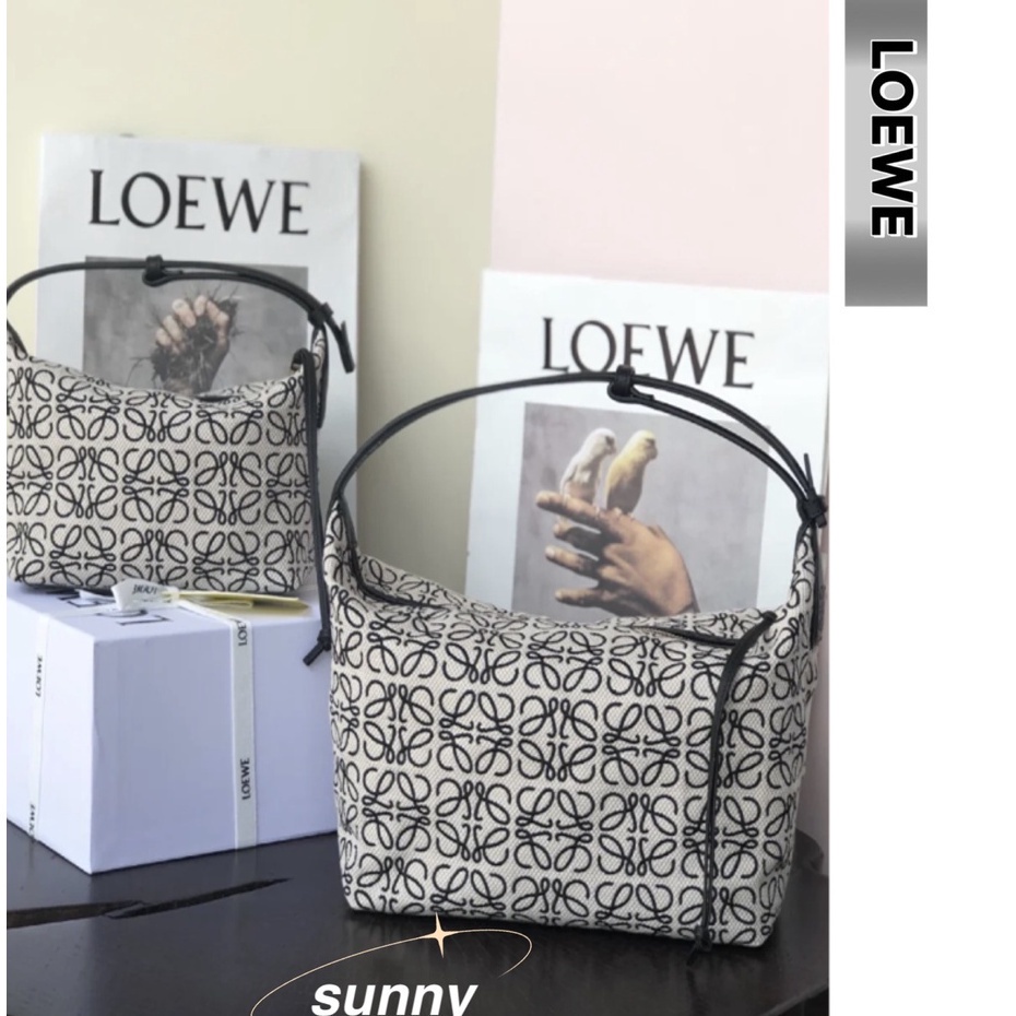 『二手』LOEWE 羅威Cubi Anagram系列牛皮 米褐色飯盒包 提花織物拼 手提包 單肩包
