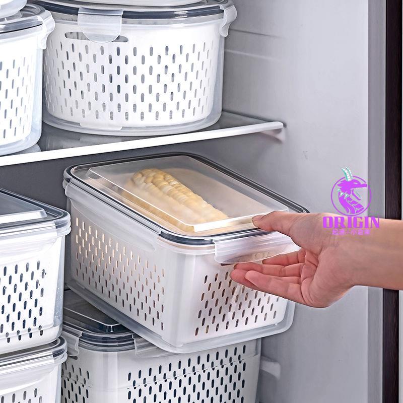 💞精品好物💞日式雙層瀝水籃保鮮盒廚房食品冷凍密封盒食品級塑膠冰箱收納盒Origin278